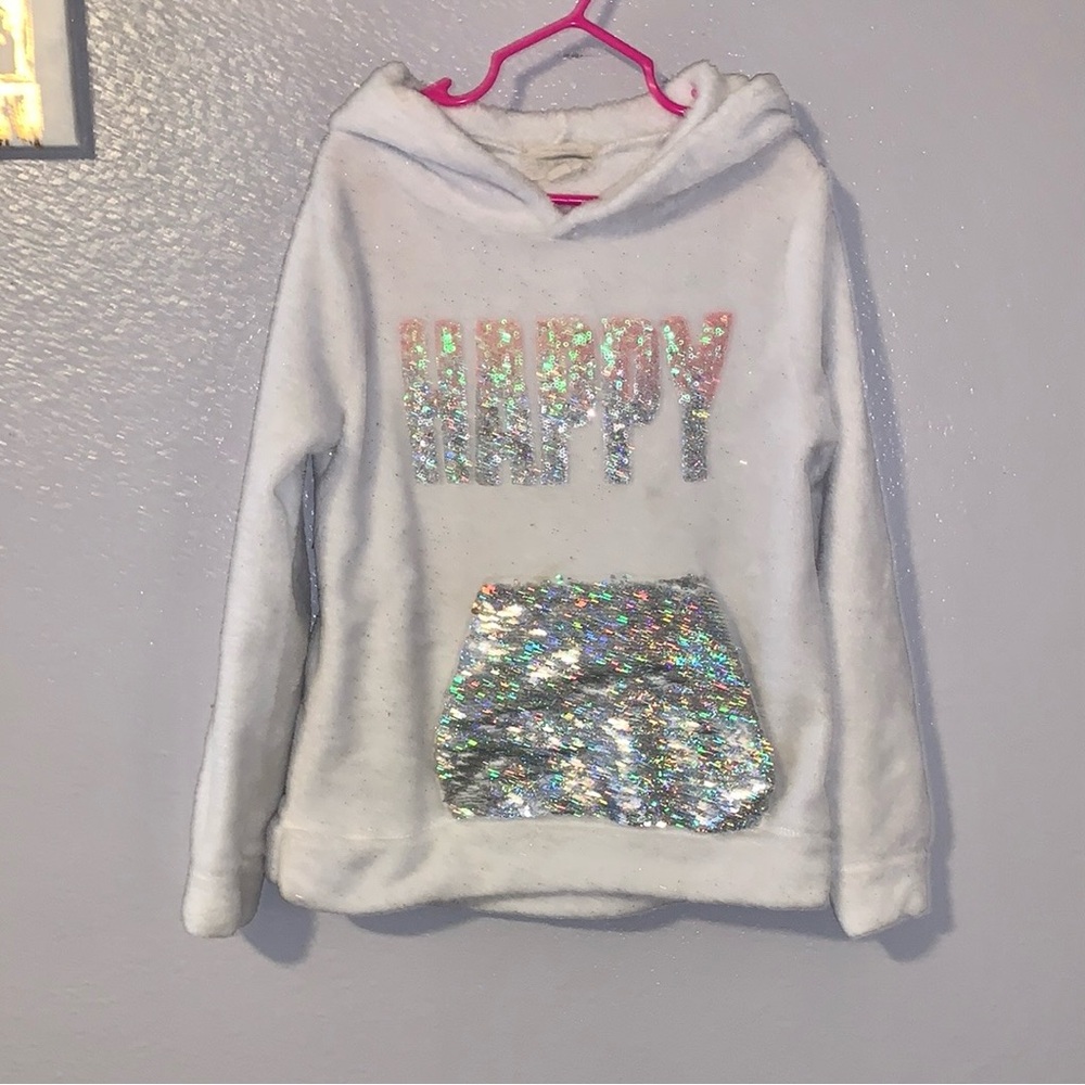 Btween Kids White and Silver Glitter Hoodie Plush Fleece Happy